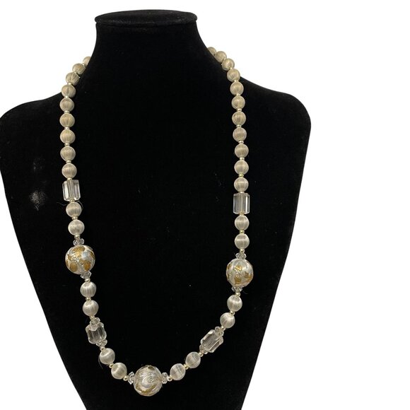 Vintage Gold & Silver Tone Beaded Necklace With Art Glass Accents & Crystal-Like - Picture 1 of 7